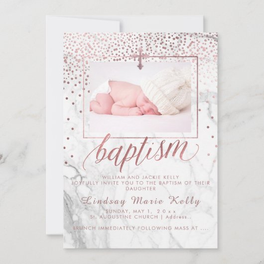 PixDezines大理石+バラフェイク金ゴールド紙吹雪バプテスマ 招待状 (正面)