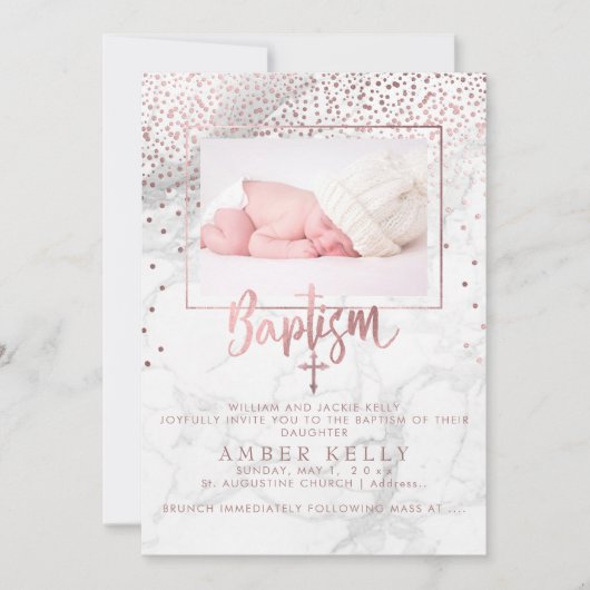 PixDezines大理石+バラ金ゴールドドッフェイクト/バプティスマ 招待状 (正面)