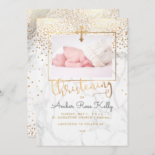 PixDezines大理石+フェイク金ゴールド紙吹雪《キリスト教》洗礼式や命名式 招待状 (正面/裏面)