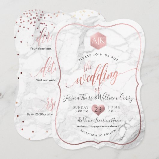 PixDezines大理石+モノグラム+ローズフェイクゴールドハニカム 招待状 (正面/裏面)