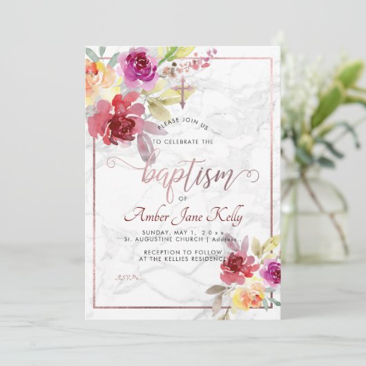 PixDezines大理石+水彩の花/洗礼 招待状 (スタンド正面)