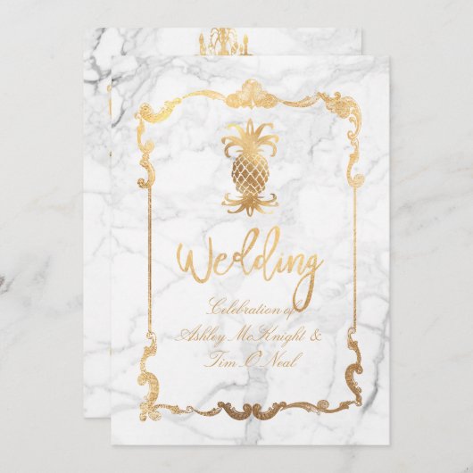 PixDezines大理石/王室のハワイアンパイナップル 招待状 (正面/裏面)