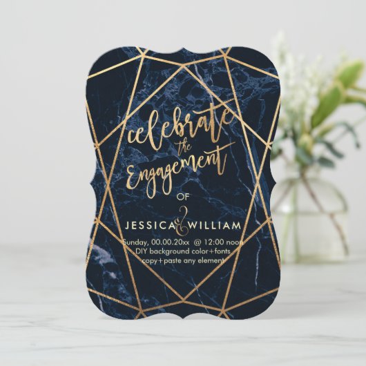 PixDezines大理石+金ゴールドフェイクジェムファセット婚約 招待状 (スタンド正面)