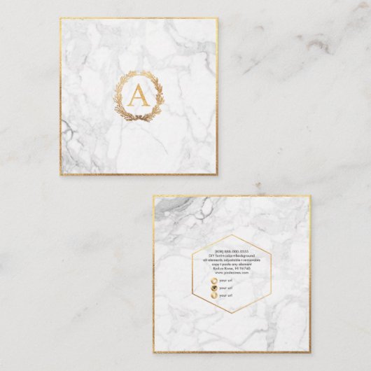 PixDezines大理石+DIYフェイク金ゴールドモノグラム スクエア名刺 (正面/裏面)