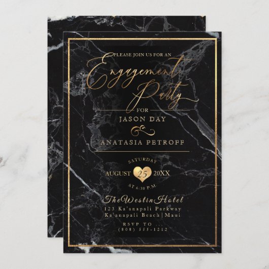 PixDezines婚約パーティ大理石/フェイク金ゴールド 招待状 (正面/裏面)