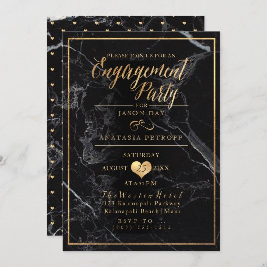 PixDezines婚約パーティ大理石/フェイク金ゴールド 招待状 (正面/裏面)