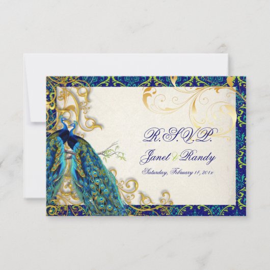 PixDezines孔雀の羽毛/アクア/ターコイズ 出欠カード (正面)