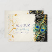 PixDezines孔雀の羽毛/アクア/ターコイズ 出欠カード (正面/裏面)