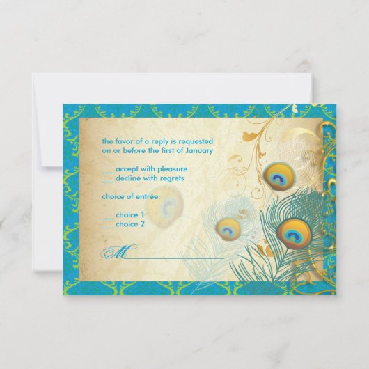 PixDezines孔雀の羽毛/アクア/ターコイズ 出欠カード (裏面)