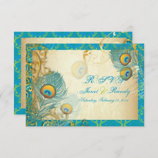 PixDezines孔雀の羽毛/アクア/ターコイズ 出欠カード (正面/裏面)