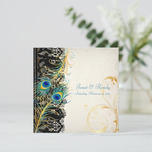 PixDezines孔雀の羽毛/アクア/ターコイズ 招待状 (スタンド正面)
