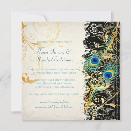 PixDezines孔雀の羽毛/アクア/ターコイズ 招待状 (裏面)