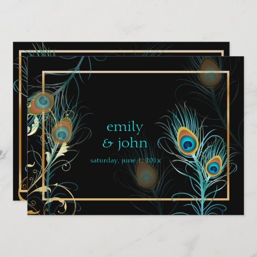 PixDezines孔雀の羽毛/アクア/ターコイズ 招待状 (正面/裏面)