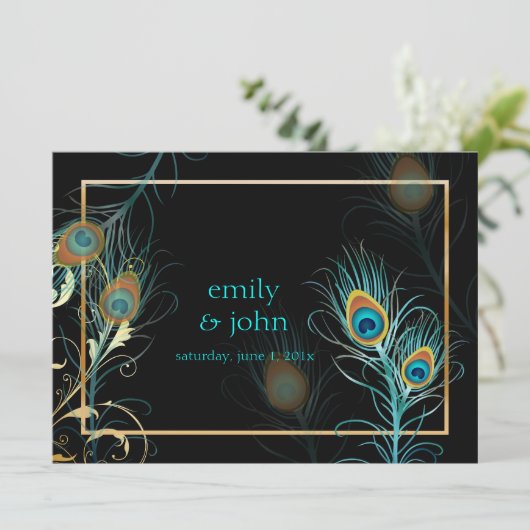 PixDezines孔雀の羽毛/アクア/ターコイズ 招待状 (スタンド正面)
