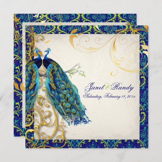 PixDezines孔雀の羽毛/アクア/ターコイズ 招待状 (正面/裏面)