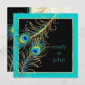 PixDezines孔雀の羽毛/アクア/ターコイズ 招待状 (正面/裏面)
