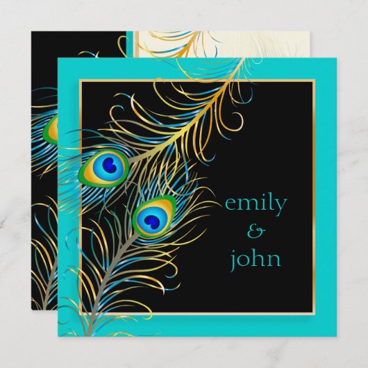 PixDezines孔雀の羽毛/アクア/ターコイズ 招待状 (正面/裏面)