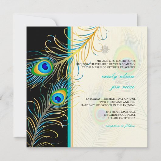 PixDezines孔雀の羽毛/アクア/ターコイズ 招待状 (裏面)