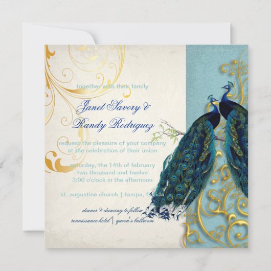 PixDezines孔雀の羽毛/ティール（緑がかった色） 招待状 (裏面)