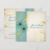 PixDezines孔雀の羽毛/ティール（緑がかった色） 招待状 (正面/裏面)