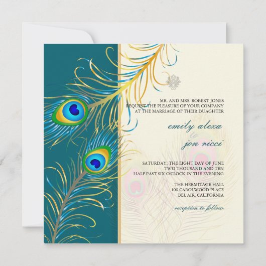 PixDezines孔雀の羽毛/ティール(緑がかった色) 招待状 (裏面)