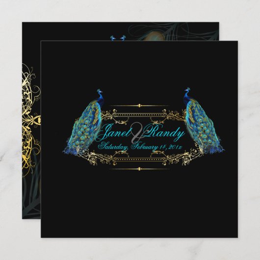 PixDezines孔雀の羽毛/ティール（緑がかった色） 招待状 (正面/裏面)