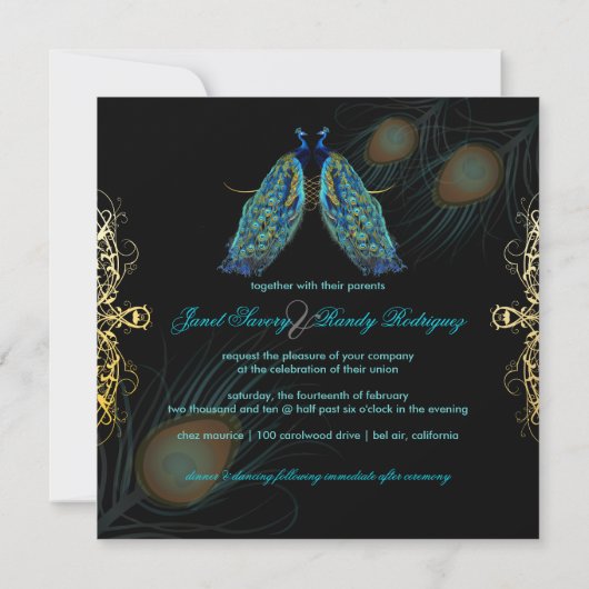 PixDezines孔雀の羽毛/ティール（緑がかった色） 招待状 (裏面)