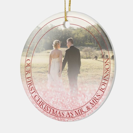 PixDezines当社の初めてのクリスマス、バラ金ゴールドグリッター セラミックオーナメント (左)