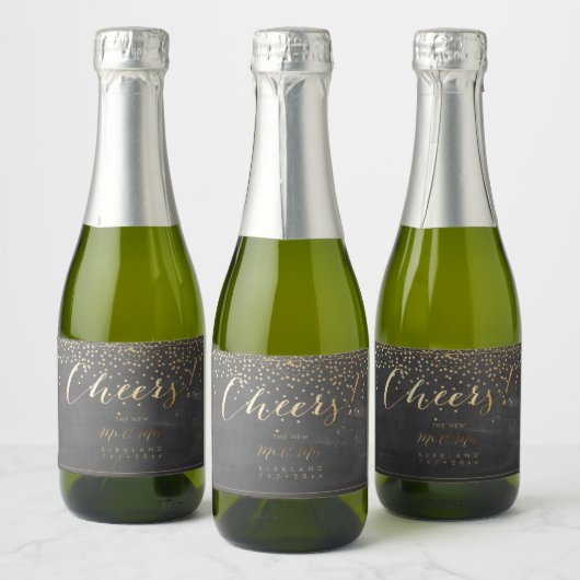 PixDezines応援Chalkboard+フェイク金ゴールド紙吹雪 スパークリングワインラベル (ボトル)