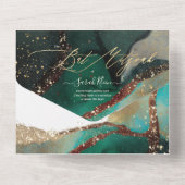 PixDezines抽象芸術コズミックティール（緑がかった色）グリーンバルミツワー オールインワン招待状 (裏面)