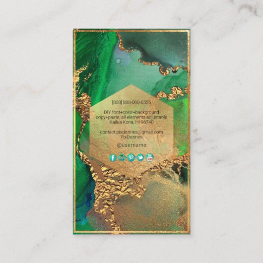 PixDezines抽象芸術水彩金ゴールドエメラルド 名刺 (裏面)