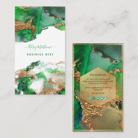 PixDezines抽象芸術水彩金ゴールドエメラルド 名刺 (正面/裏面)