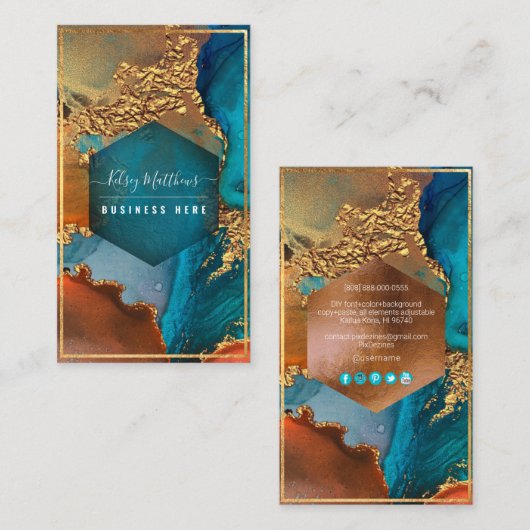 PixDezines抽象芸術水彩銅金ゴールドティール（緑がかった色） 名刺 (正面/裏面)