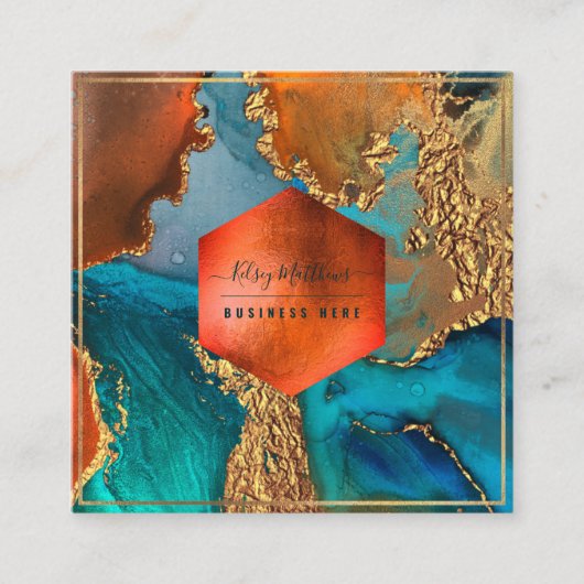 PixDezines抽象芸術銀河系H2銅金ゴールドティール(緑がかった色)Squ スクエア名刺 (正面)