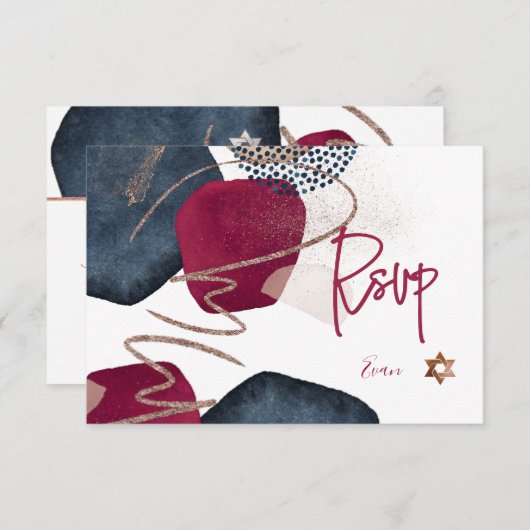 PixDezines抽象芸術RSVPネイビーバー（ユダヤ教の）バル・ミツバー✡ 出欠カード (正面/裏面)
