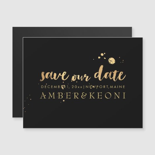 PixDezines救の日付/金ゴールドススタイリッシュクリプト マグネット招待状 (正面/裏面)