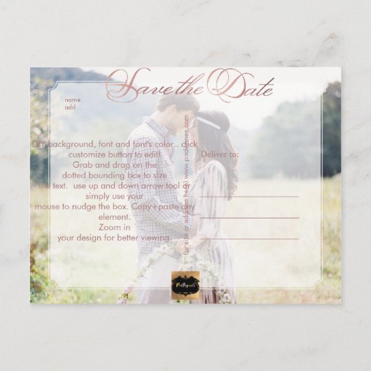 PixDezines日付/バラ金ゴールド/おもしろいフェイクスクリプトの保存 案内ポストカード (裏面)