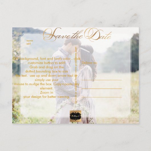 PixDezines日付/フェイク金ゴールド/スクリプファンシートの保存 案内ポストカード (裏面)