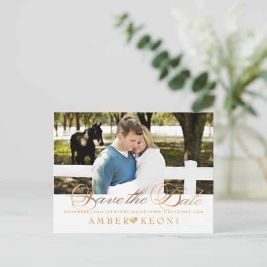 PixDezines日付/フェイク金ゴールド/スクリプファンシートの保存 案内ポストカード (スタンド正面)