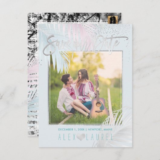 PixDezines日付/手のひら/プラチナ+アクアを保存 案内ポストカード (正面/裏面)