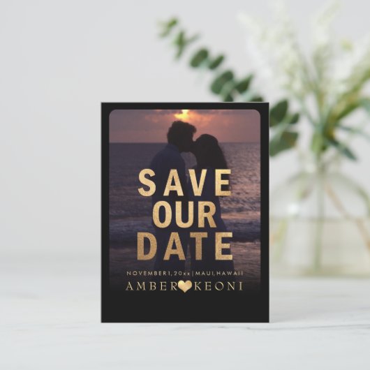 PixDezines日付/金ゴールドの保フェイク存 案内ポストカード (スタンド正面)