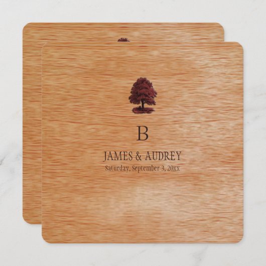 PixDezines木材ベニフェイクア+オーク材の木 招待状 (正面/裏面)