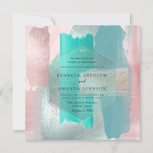 PixDezines水モダン色アクアティール(緑がかった色)赤面セージ 招待状 (正面)