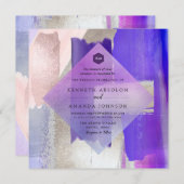 PixDezines水モダン色バイオレット+シルバー 招待状 (正面/裏面)