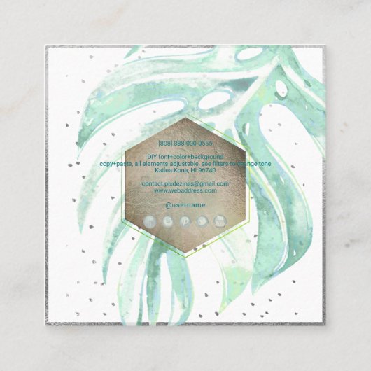 PIXDezines水彩シーフオムモンステラ，緑 スクエア名刺 (裏面)