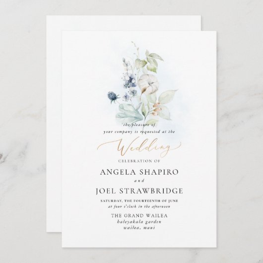 PixDezines水彩ダスティブルーウィンターコットン 招待状 (正面/裏面)