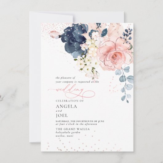 PixDezines水彩ネイビー赤面花の招待 招待状 (正面)