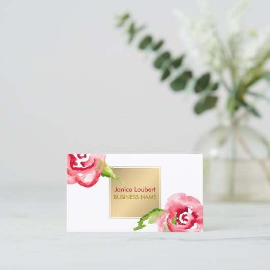 PixDezines水彩バラ/フェイク金ゴールド 名刺 (スタンド正面)