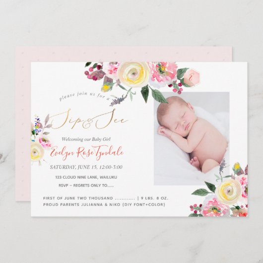 PixDezines水彩パステルイエローローズシップ+参照 招待状 (正面/裏面)