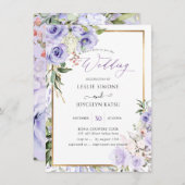 PixDezines水彩パープルバラ結婚ズ 招待状 (正面/裏面)